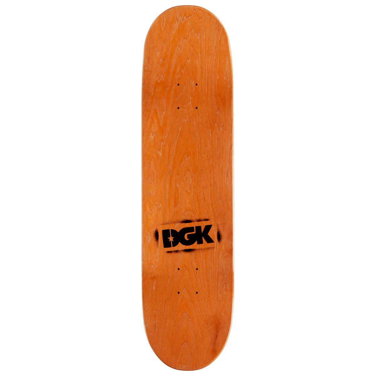 An orange wood skateboard deck with a black DGK logo printed in the center, shown vertically against a plain white background.