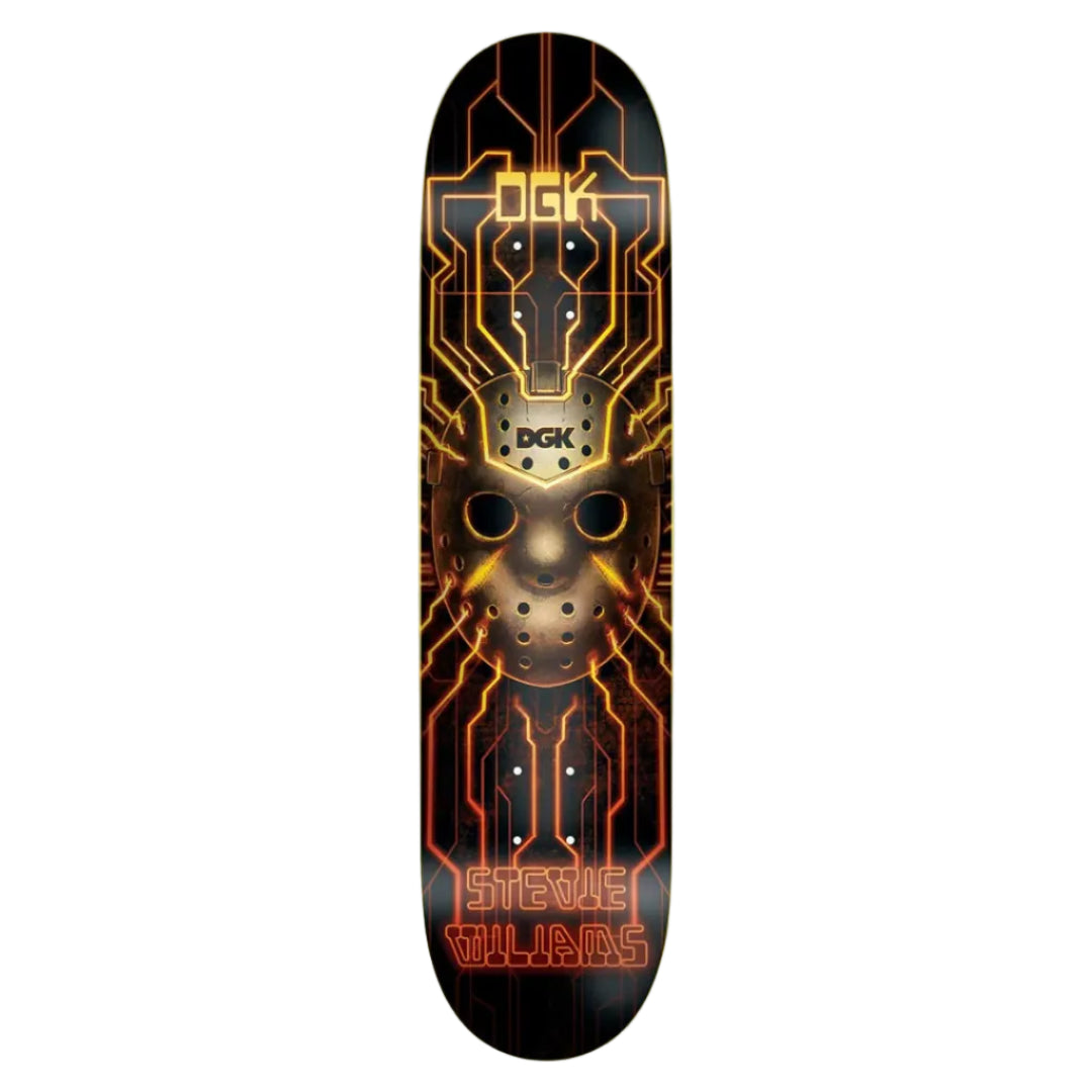 Skateboard deck with a black and orange design featuring a mask and 'DGK' branding on a white background.