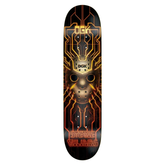 Skateboard deck with a black and orange design featuring a mask and 'DGK' branding on a white background.