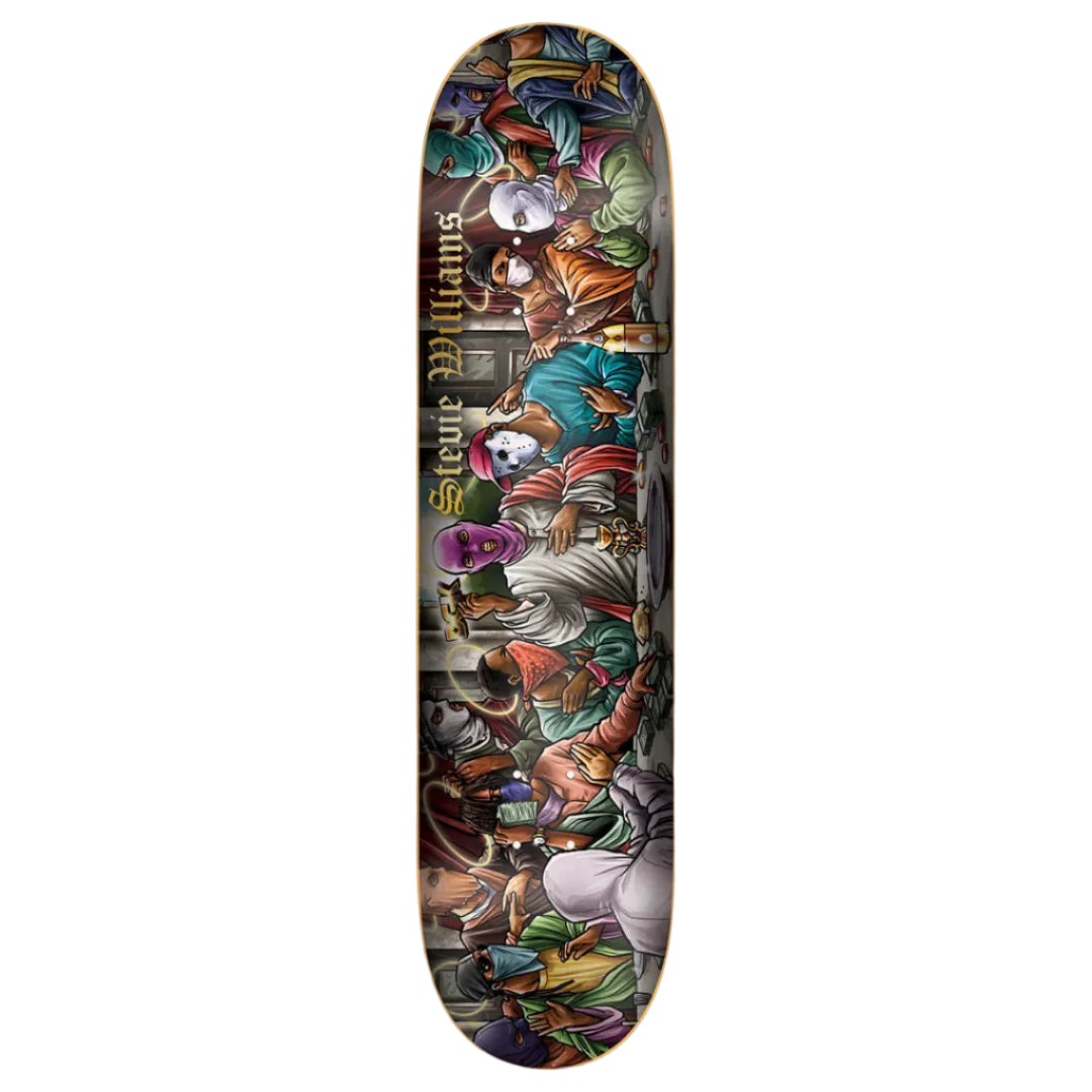 Skateboard deck with artistic design of animals and text on a white background