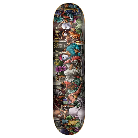 Skateboard deck with artistic design of animals and text on a white background