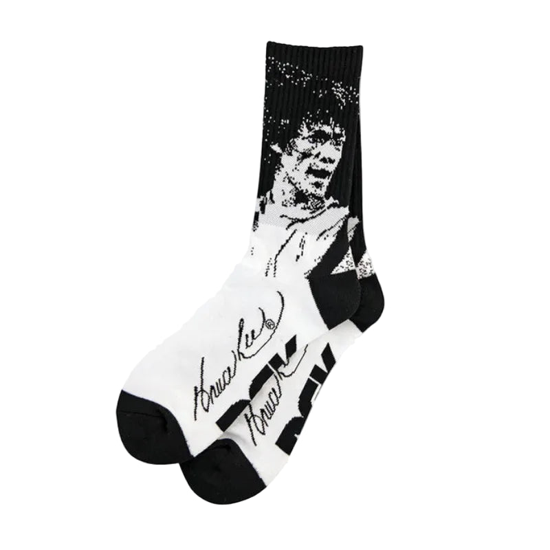 Socks with a graphic design of a person and text on a white background