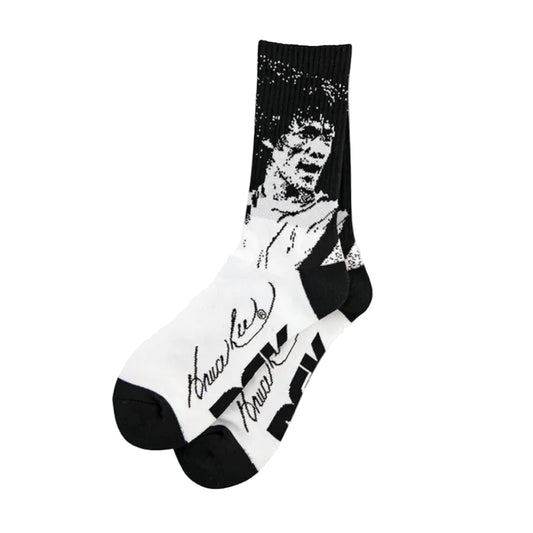 Socks with a graphic design of a person and text on a white background