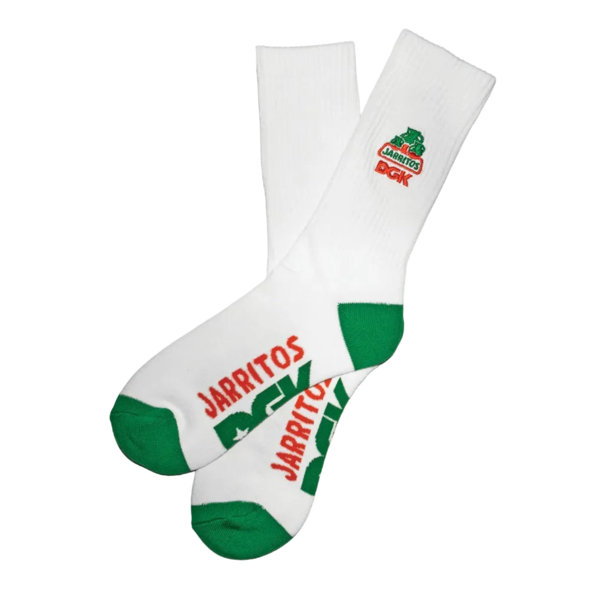White socks with green and red accents featuring Jarritos branding on a white background