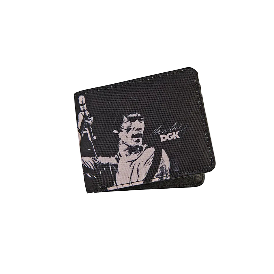 Black wallet with a graphic design on a white background