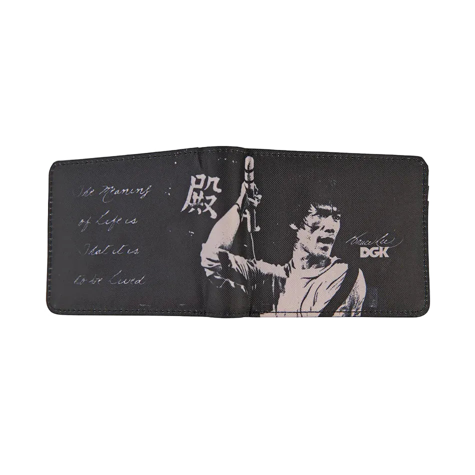 Black wallet with graphic design on a white background