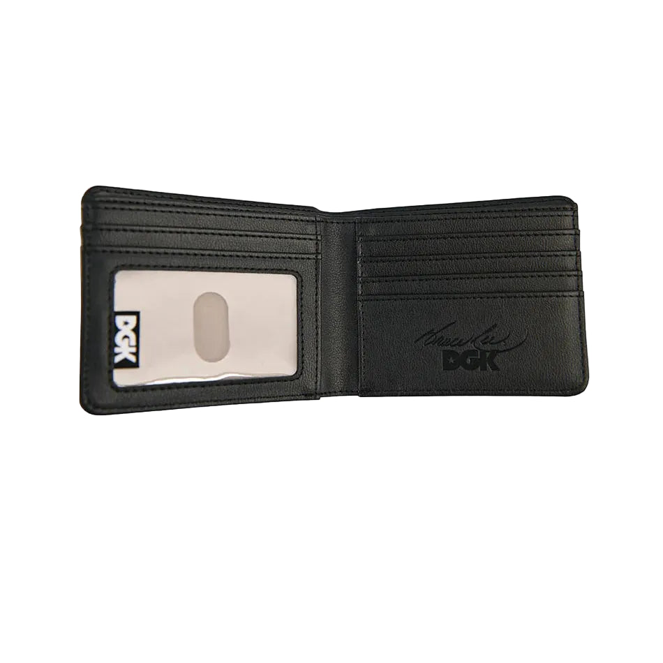 Black leather wallet with visible branding on a white background