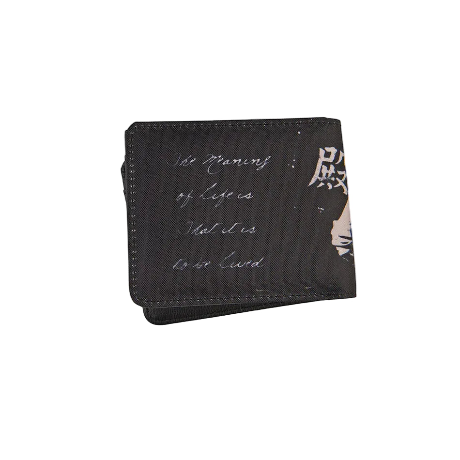 Black wallet with white text and design on a white background
