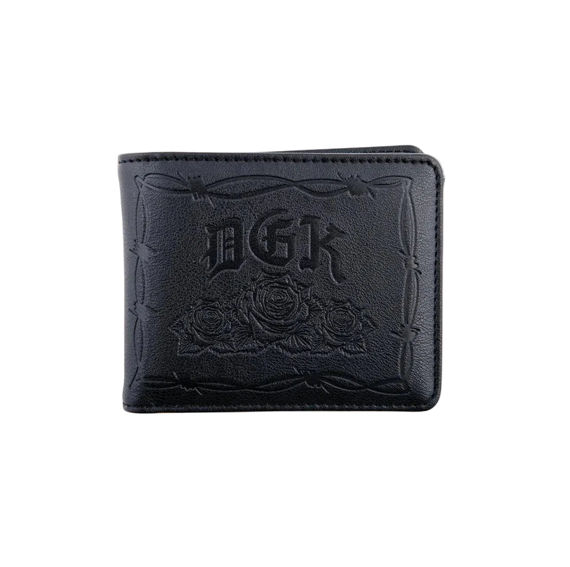 Black wallet with embossed design on a light gray background