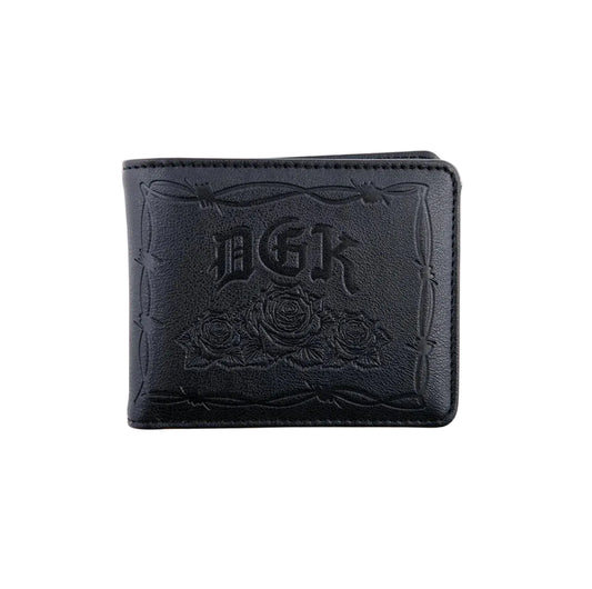 Black wallet with embossed design on a light gray background