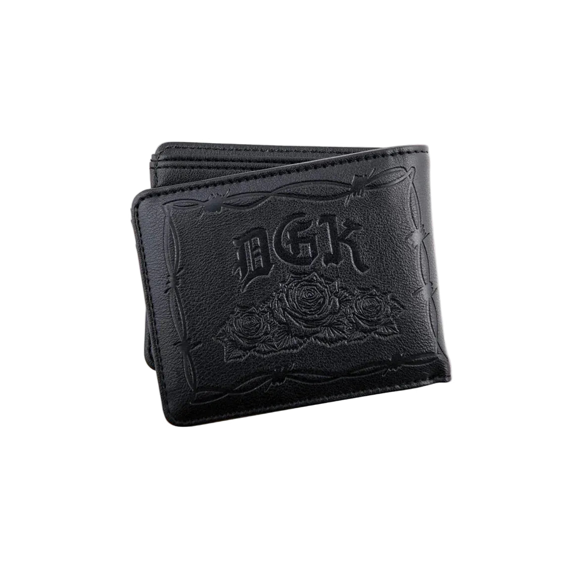 Black leather wallet with embossed design on a light gray background