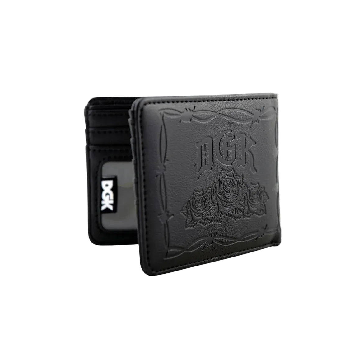 Black wallet with embossed design and DGK branding on a white background