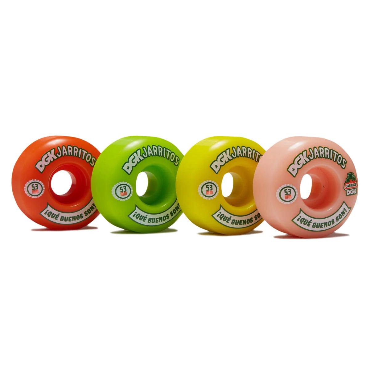 Four dgk/Jarritos skateboard wheels in orange, green, yellow, and pink, arranged in a row on a white background.