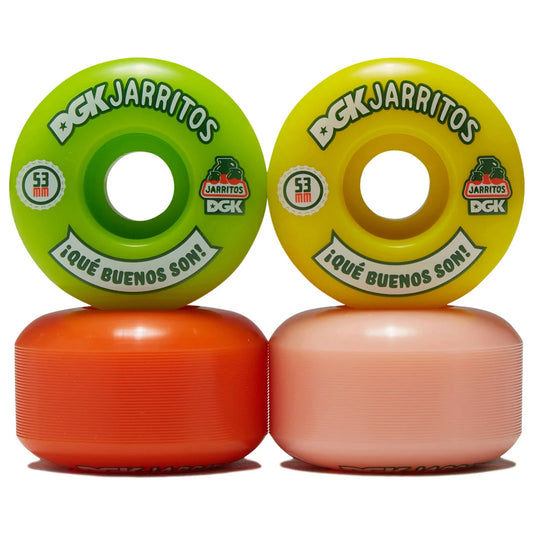 Four DGK Jarritos skateboard wheels arranged in a 2x2 grid, showing the inner color and the outer color. The top-left wheel is lime green, the top-right is yellow, the bottom-left is orange, and the bottom-right is a pale pink.