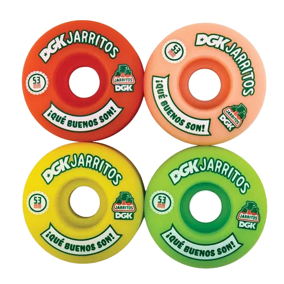Four skateboard wheels arranged in a 2x2 grid on a light gray background. The wheels are red, peach, yellow, and green, each printed with the brand name 'DGK JARRITOS' and the slogan 'QUE BUENOS SOÑ'.