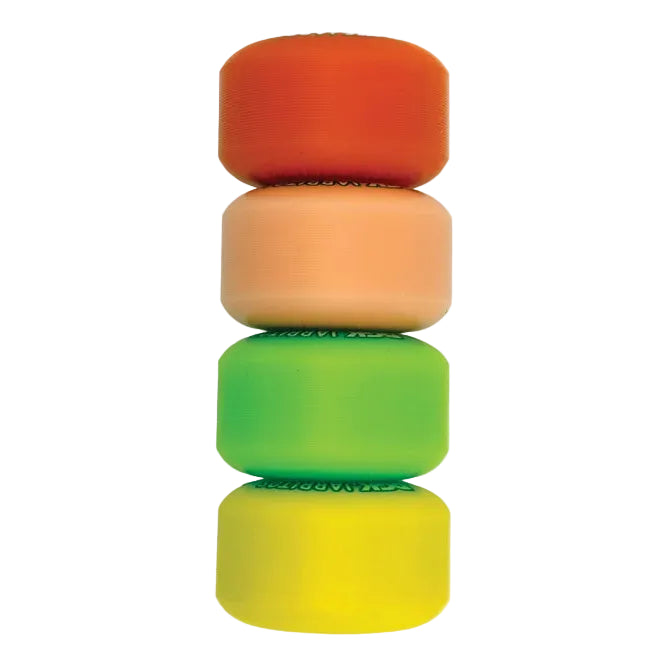 Four stacked, rounded rectangular foam blocks in orange, peach, green, and yellow, arranged vertically on a light gray background.