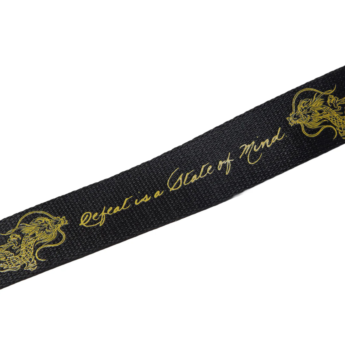 Black belt with gold text and dragon designs on a white background