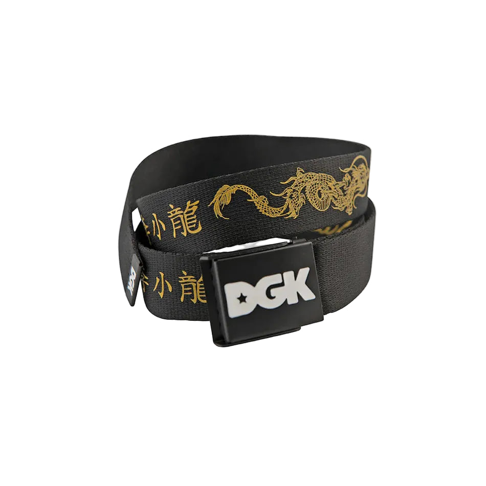 Black belt with gold dragon design and DGK logo on a white background