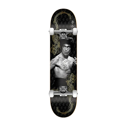 Skateboard with a design of a muscular figure on a black background