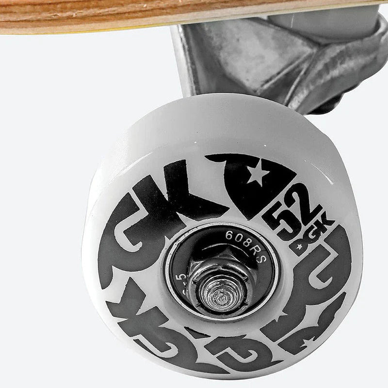 Close-up of a skateboard wheel with a visible brand logo on a white background