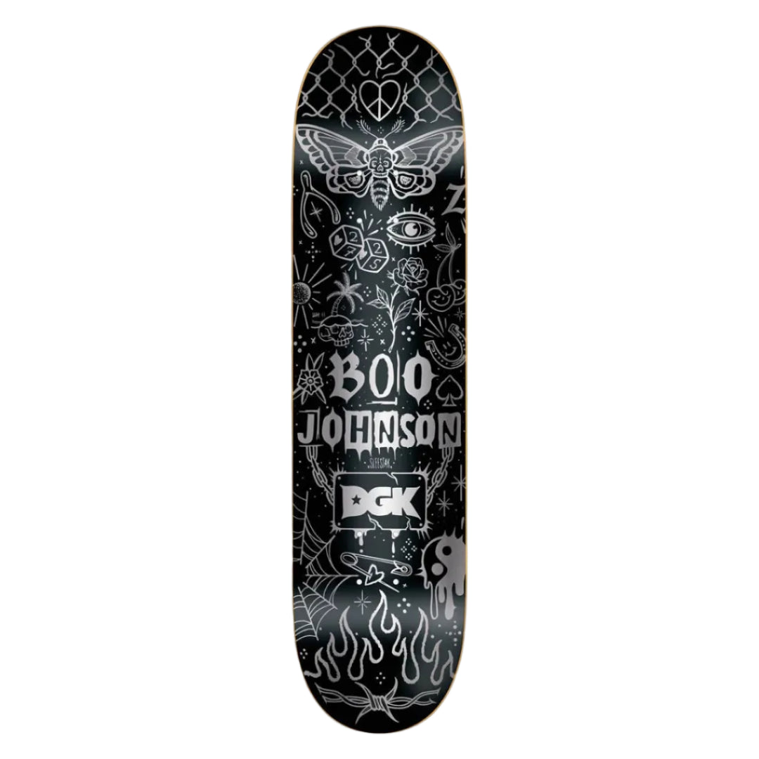 Skateboard deck with black and white designs and 'Boo Johnson' branding on a white background