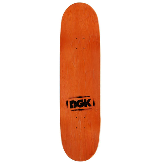 An orange skateboard deck with a black DGK logo printed on the underside, shown vertically against a plain white background.