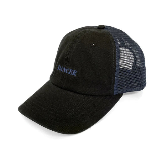 Black cap with blue mesh back and 'Dancer' logo on a white background