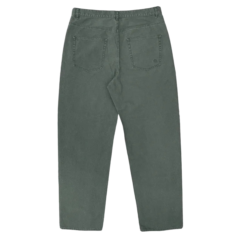 Back view of a green denim pant on a white background