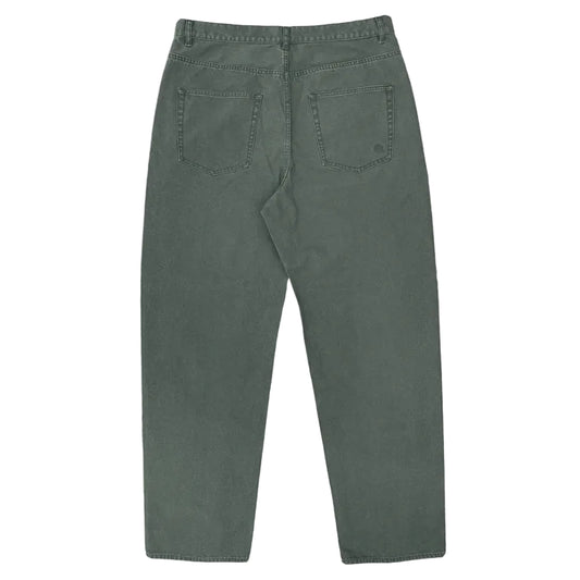 Back view of a green denim pant on a white background