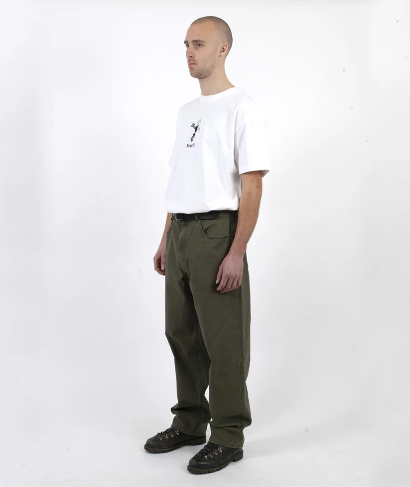 Man wearing a white t-shirt and green pants on a white background