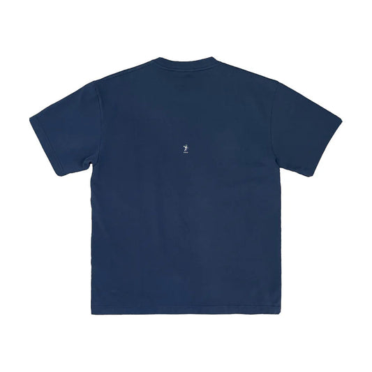 Navy blue t-shirt with a small logo on the back against a white background