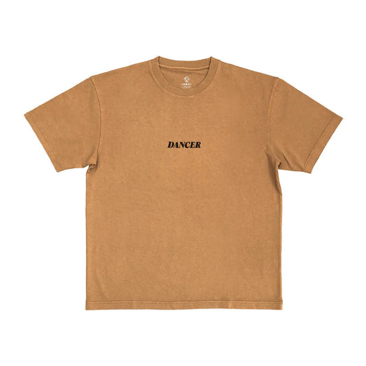 Brown t-shirt with 'DANCER' text on a white background