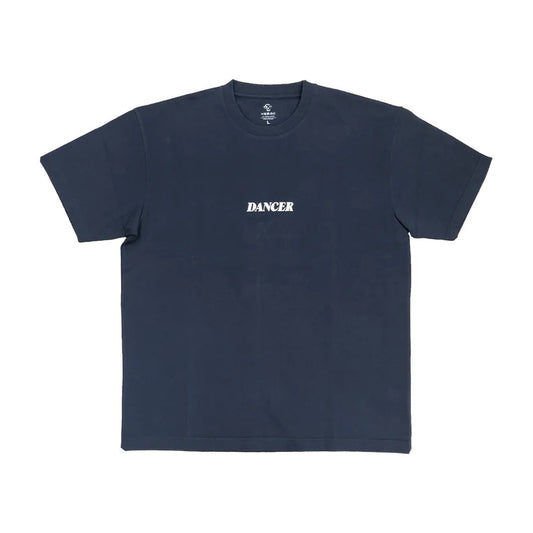 Navy blue t-shirt with 'DANCER' text on a white background
