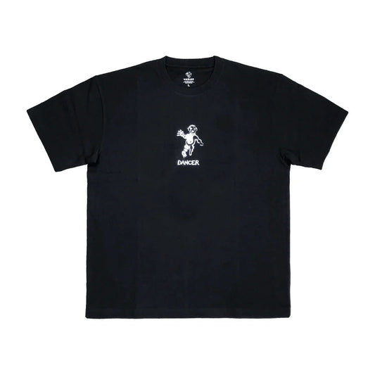 Black t-shirt with a white graphic and text on a white background