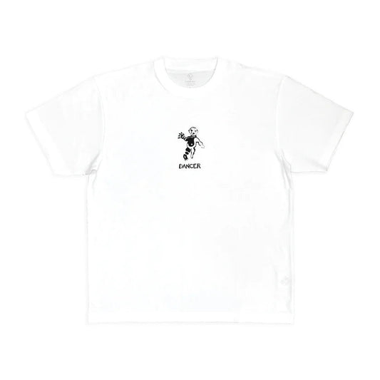 White t-shirt with a black graphic design on a white background