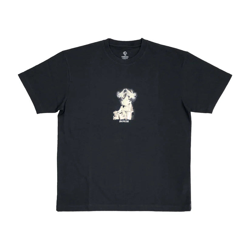 Black t-shirt with a small graphic on the chest against a white background