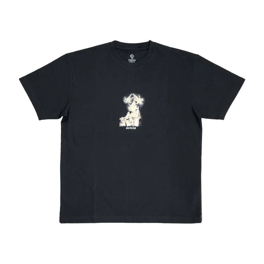 Black t-shirt with a small graphic on the chest against a white background