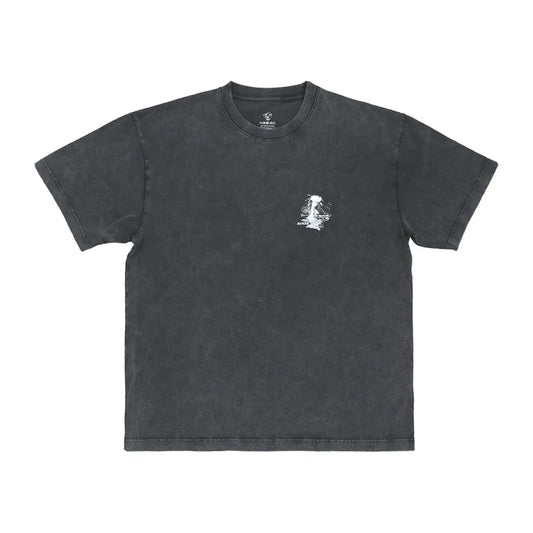 Black t-shirt with a small white graphic on a white background