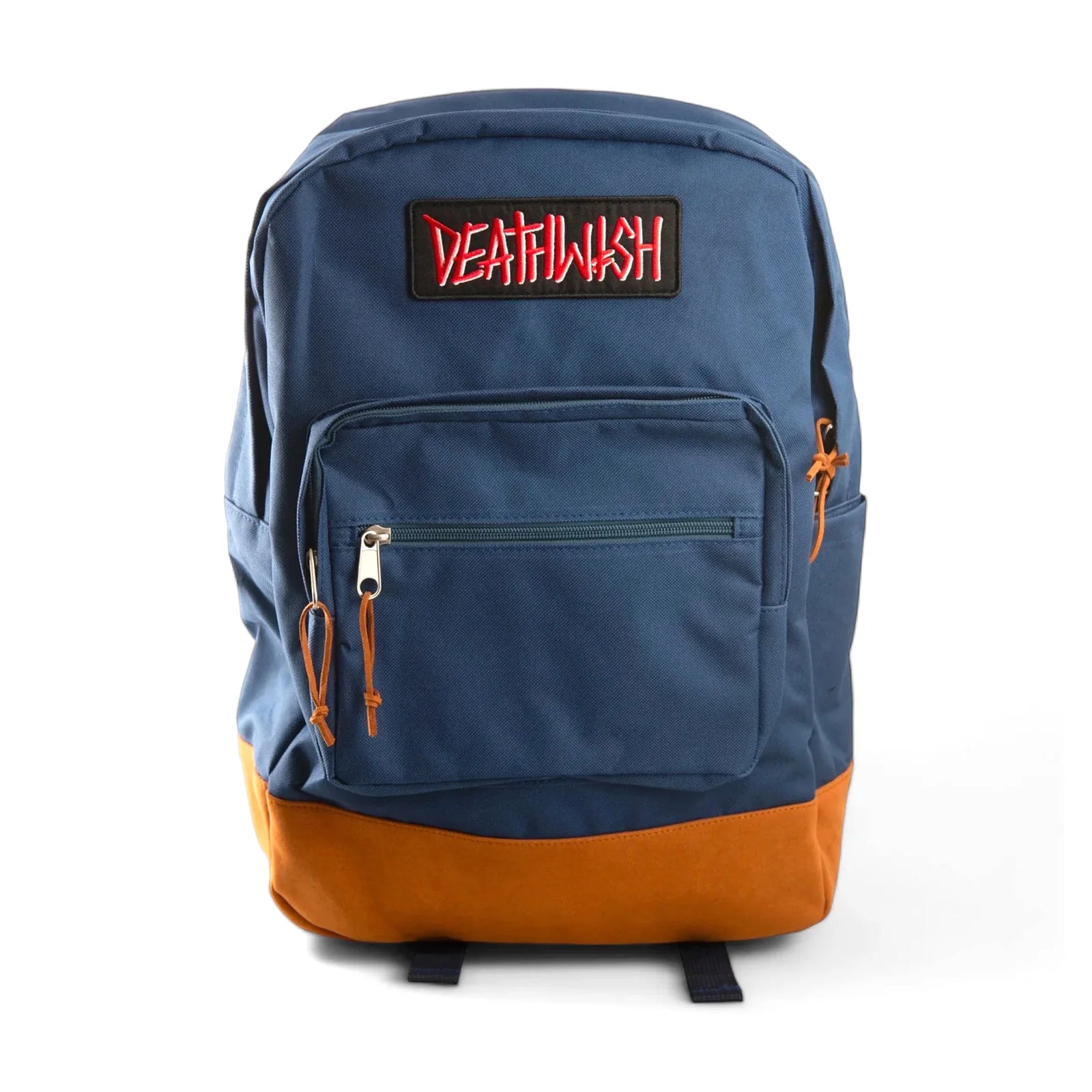 Blue and orange backpack with a visible brand logo on a white background