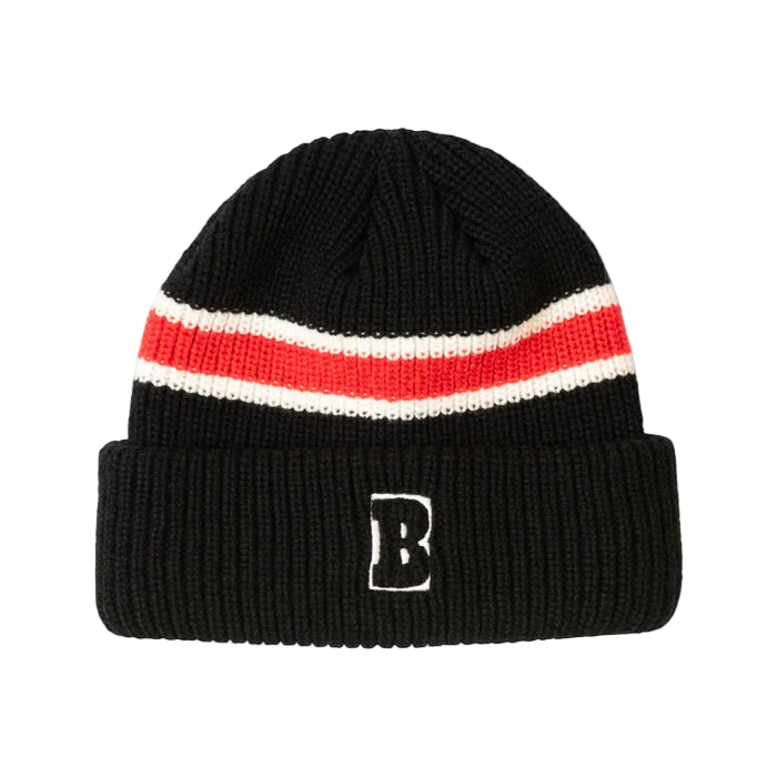 Black beanie with red and white stripes and a letter 'B' logo on a light gray background