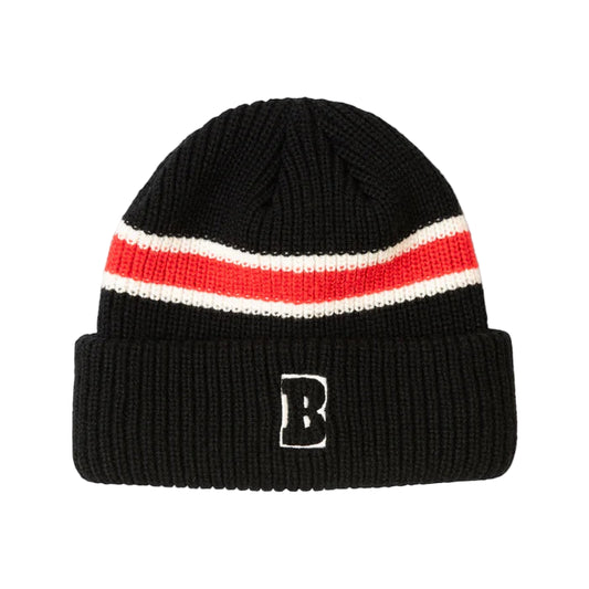Black beanie with red and white stripes and a letter 'B' logo on a light gray background
