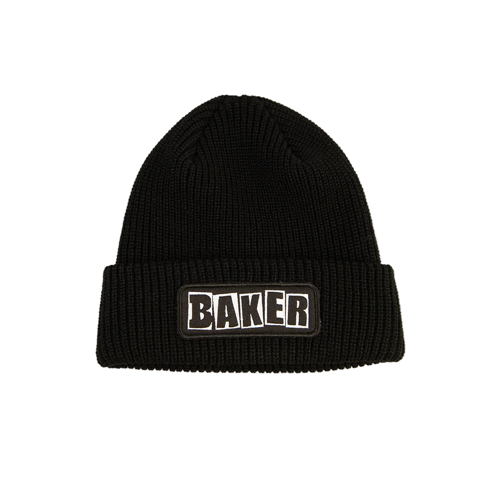 Black beanie with 'BAKER' logo on a light gray background