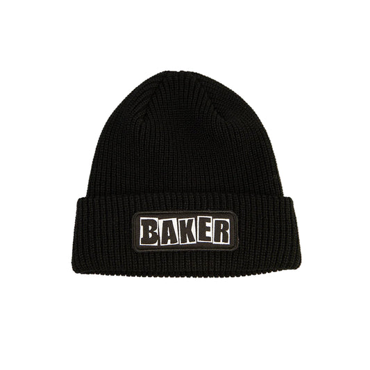 Black beanie with 'BAKER' logo on a light gray background