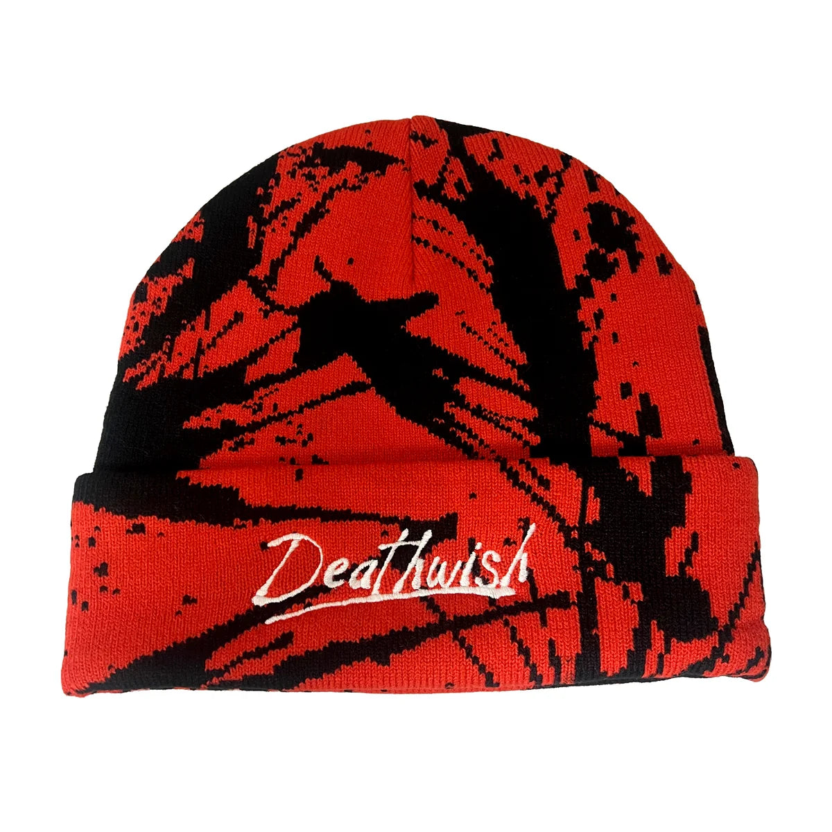A red and black knit beanie with a distressed splatter pattern and the word 'Deathwish' embroidered in white script on the front cuff, shown against a plain white background.