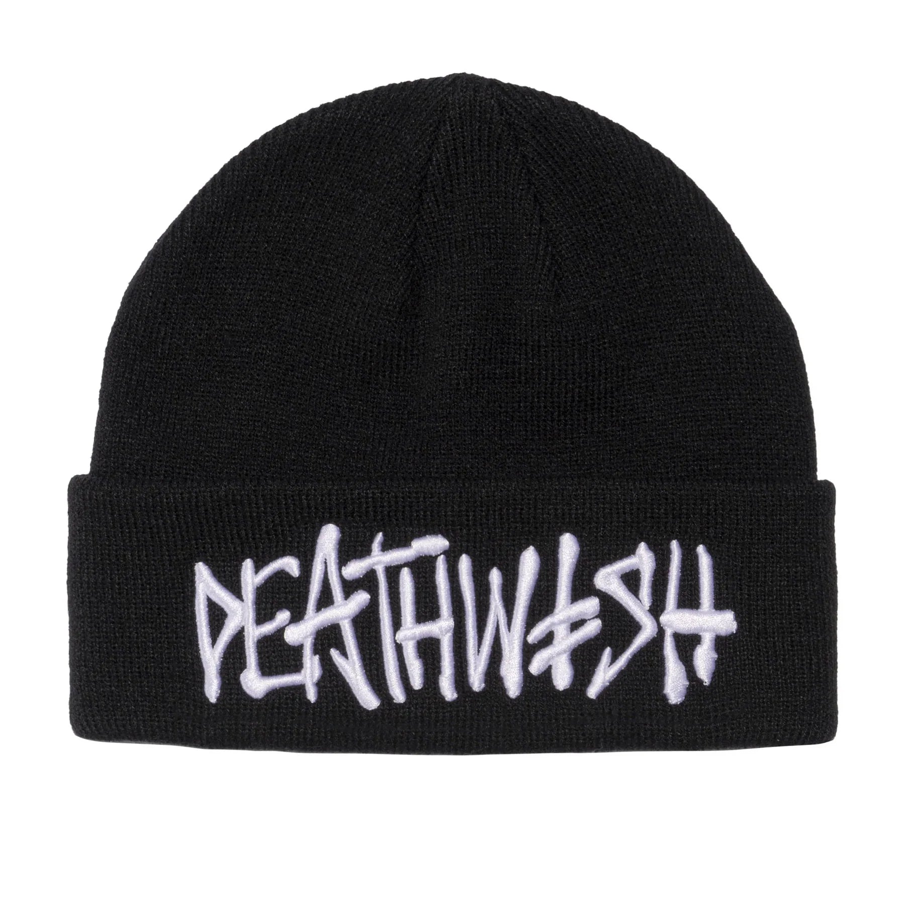 Black beanie with 'DEATHWASH' text in white on a white background