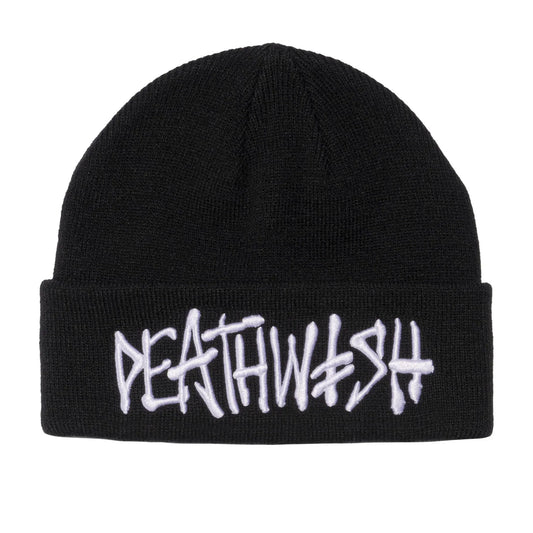 Black beanie with 'DEATHWASH' text in white on a white background