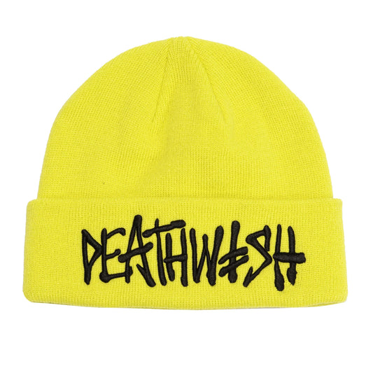 Yellow beanie with black text on a white background