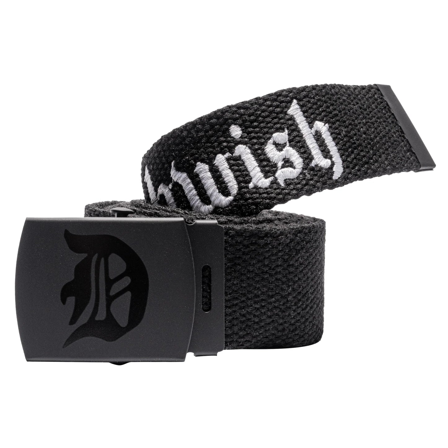 Black web belt with white text and black buckle on a white background