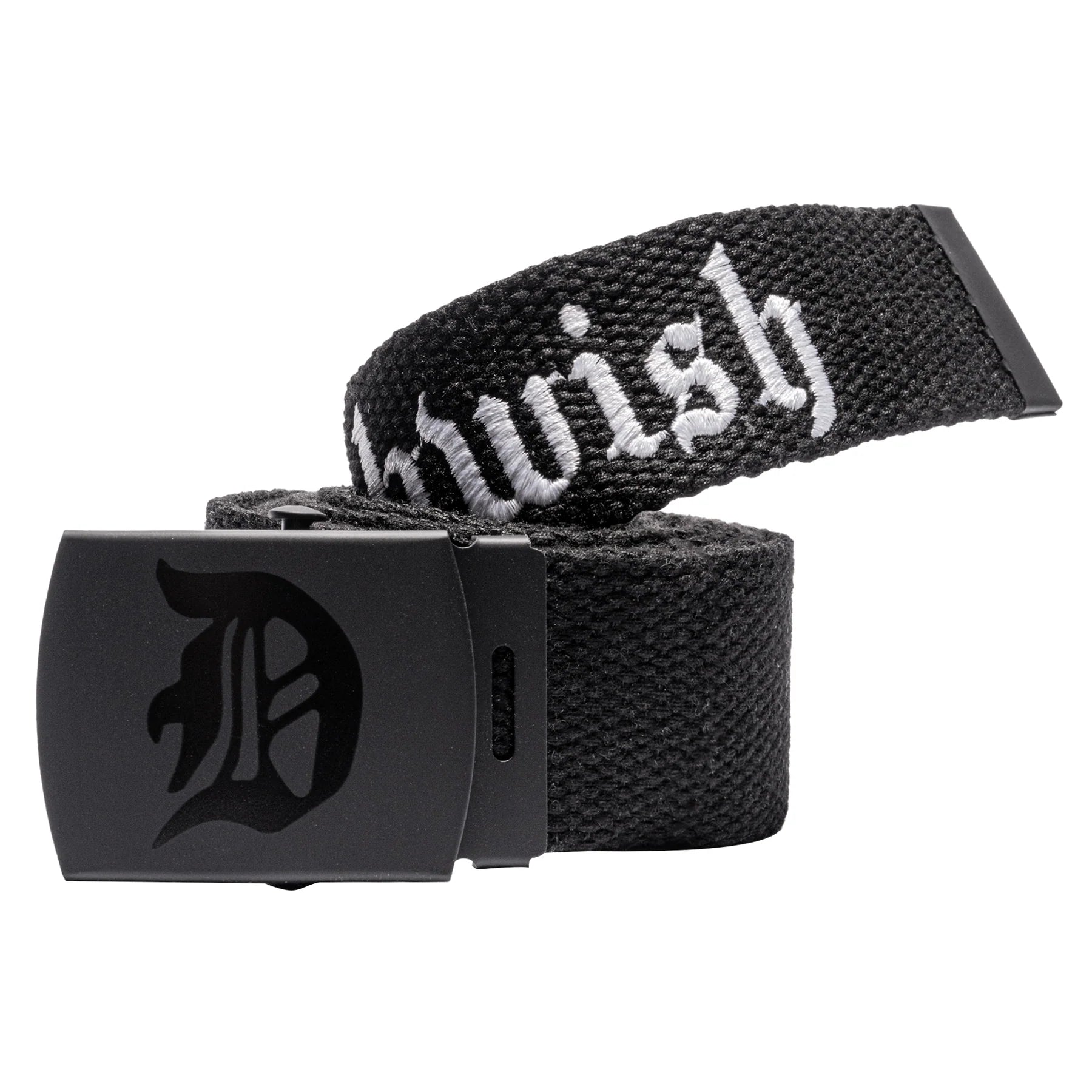 Black web belt with white text and black buckle on a white background