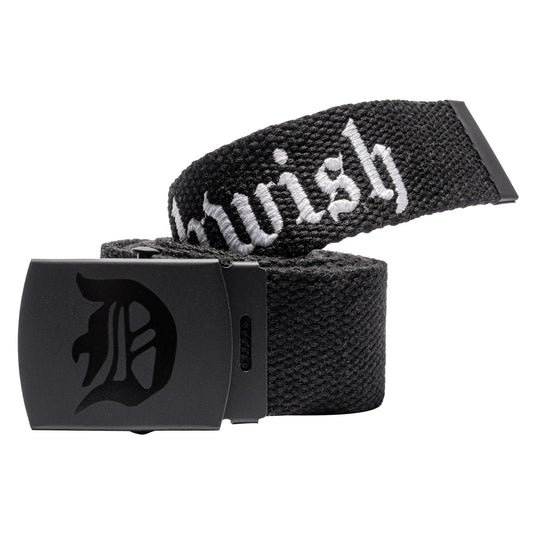 Black web belt with white text and black buckle on a white background